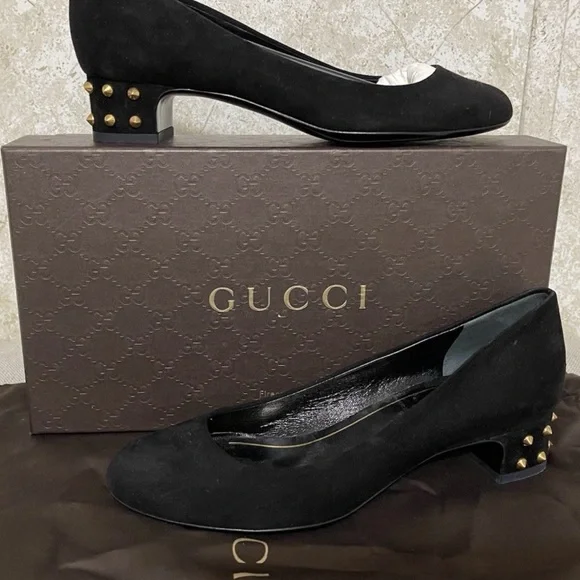 NWB Gucci Jacquelyne Black Suede Gold Studded Heel Accent Pumps - Sz 6.5 - Picture 1 of 8